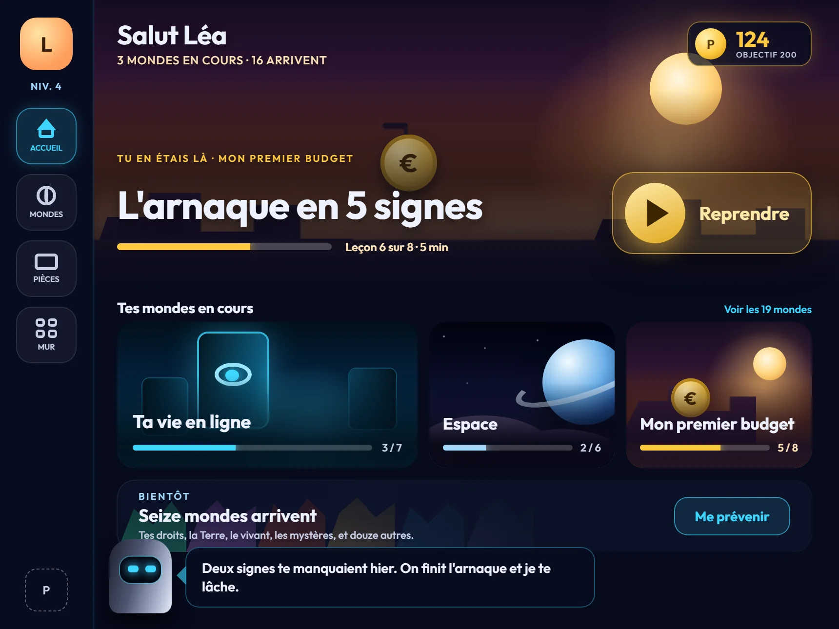 L'accueil de l'app : reprendre sa leçon, ses mondes en cours, les mondes à venir